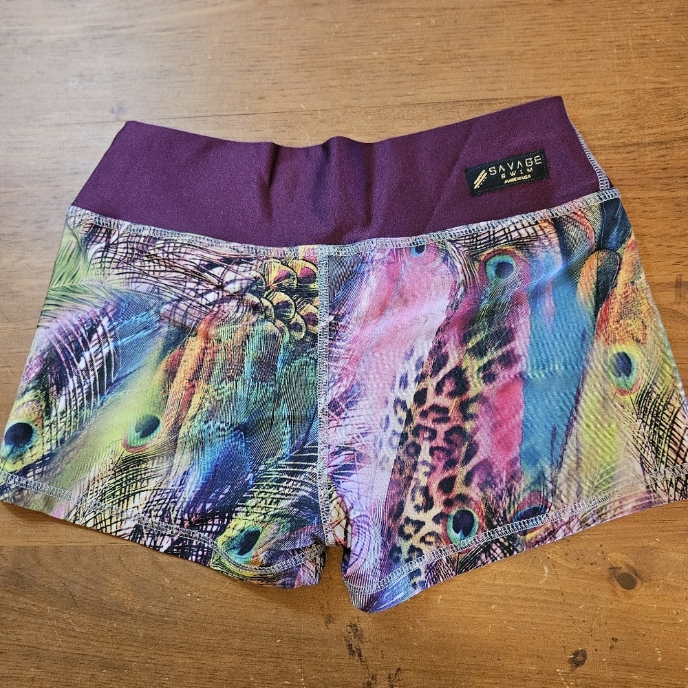 Savage Swim Bikini Bottom Shorts Purple Peacock Print Size Small Beach Festival - Picture 2 of 6